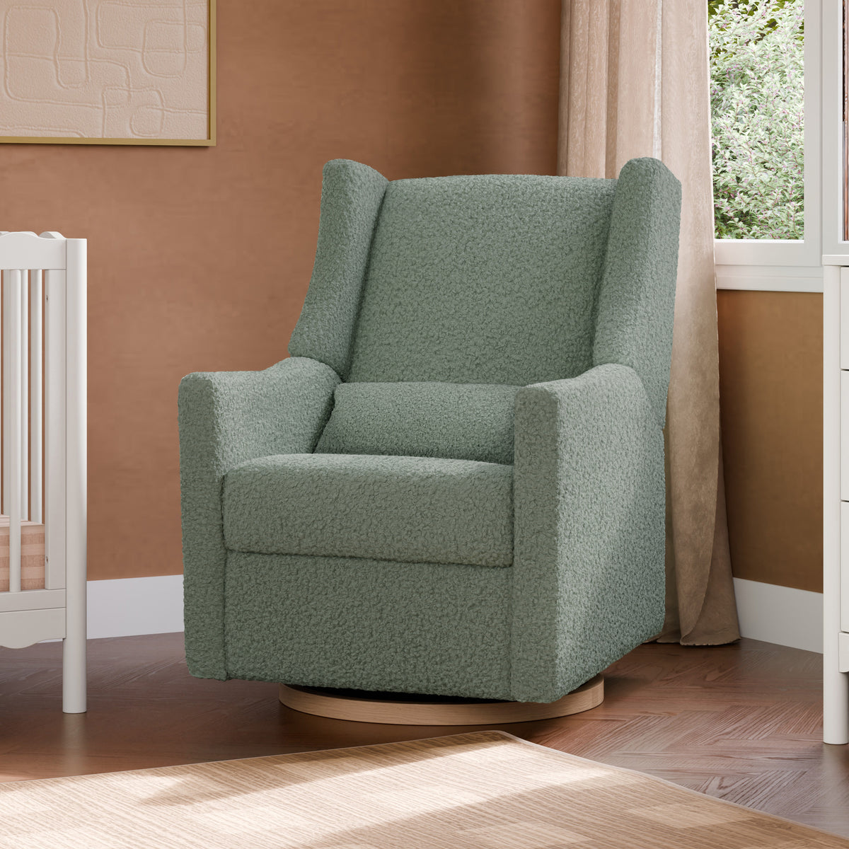 Kiwi Electronic Recliner and Swivel Glider with USB port in Sage Teddy Loop with Light Wood Base