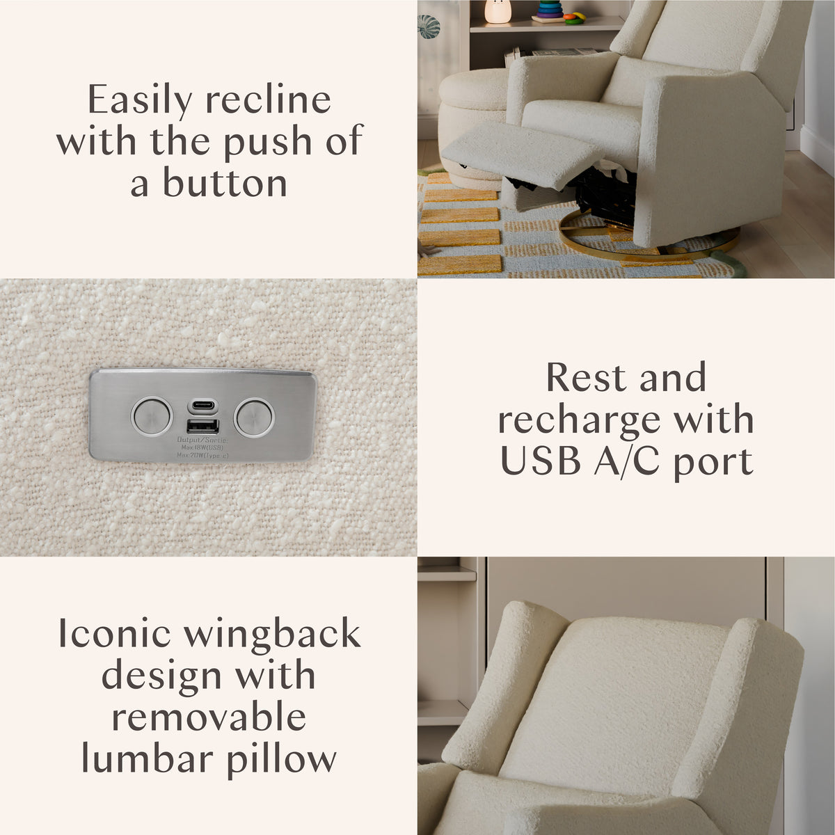 Kiwi Electronic Recliner and Swivel Glider with USB port in Ivory Boucle with Gold Base