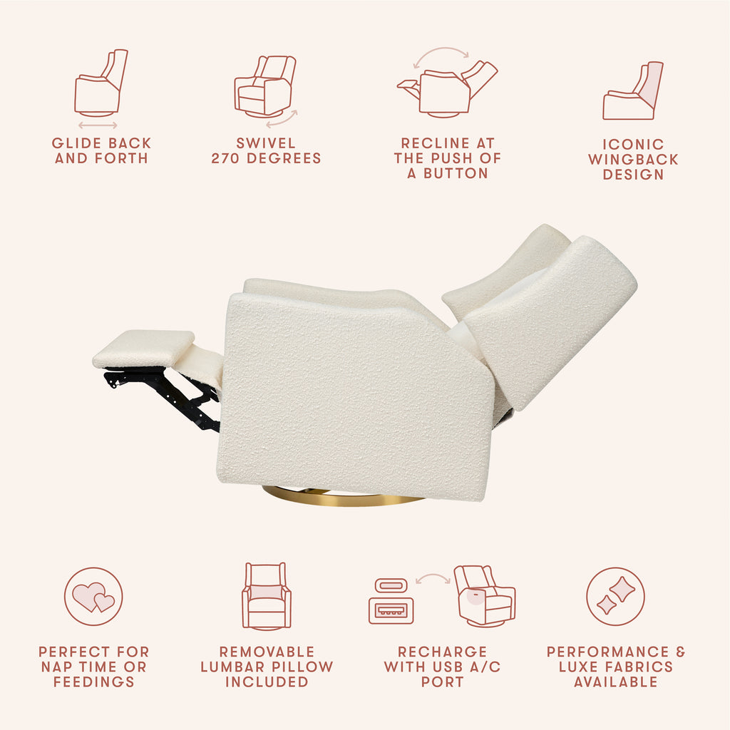 Kiwi Electronic Recliner and Swivel Glider with USB port in Ivory Boucle with Gold Base