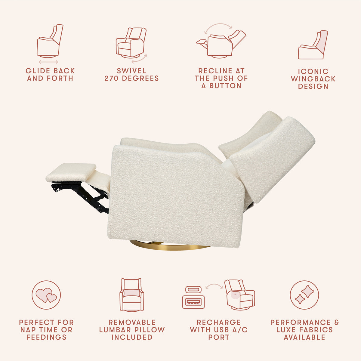Kiwi Electronic Recliner and Swivel Glider with USB port in Ivory Boucle with Gold Base