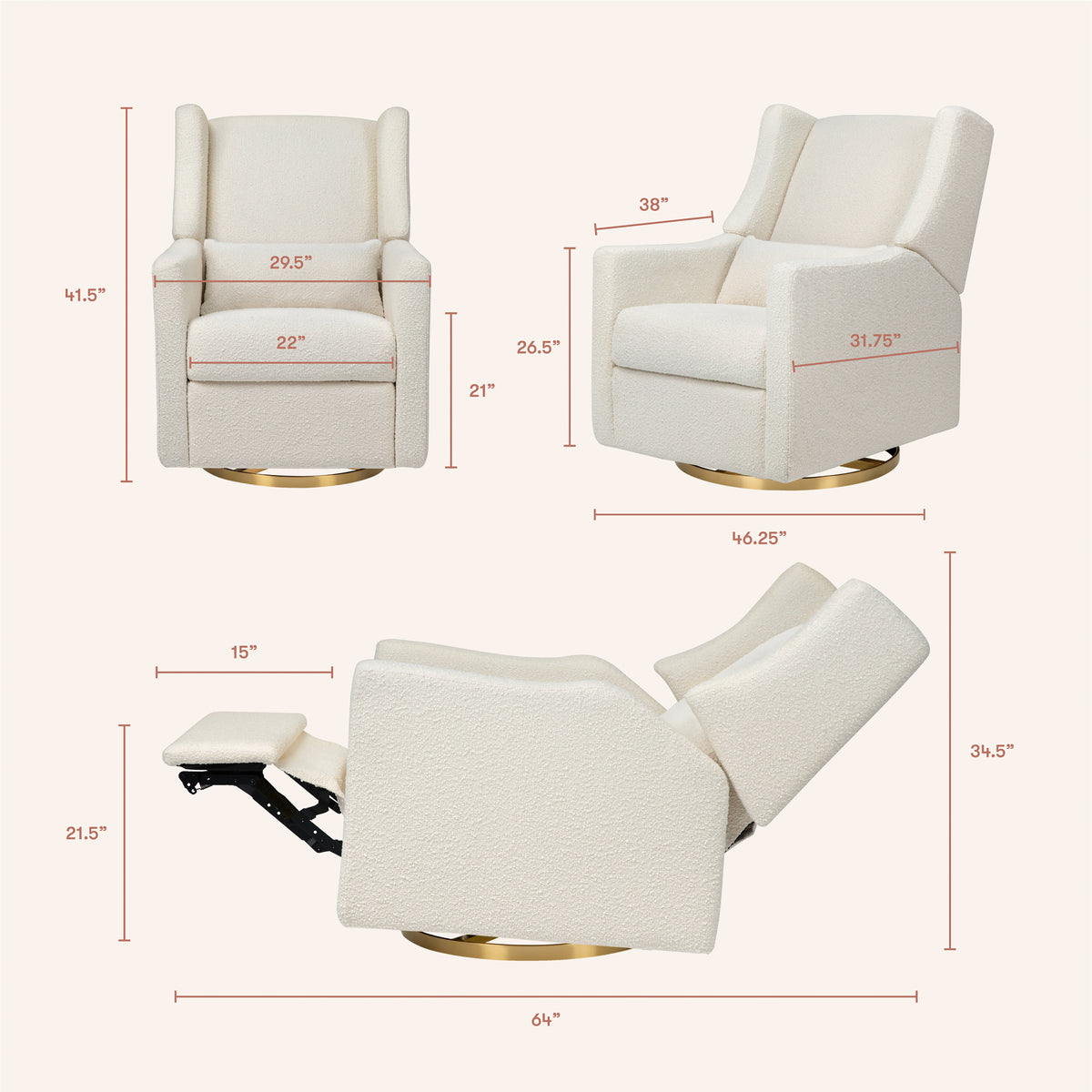 Kiwi Electronic Recliner and Swivel Glider with USB port in Ivory Boucle with Gold Base