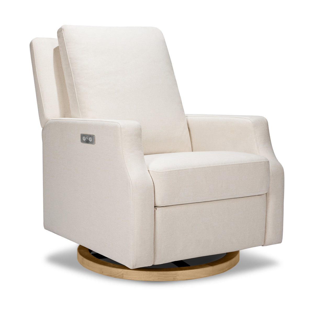 Crewe Electronic Recliner and Swivel Glider in Fog Chatham Stripe Performance Eco-Weave with Light Wood Base