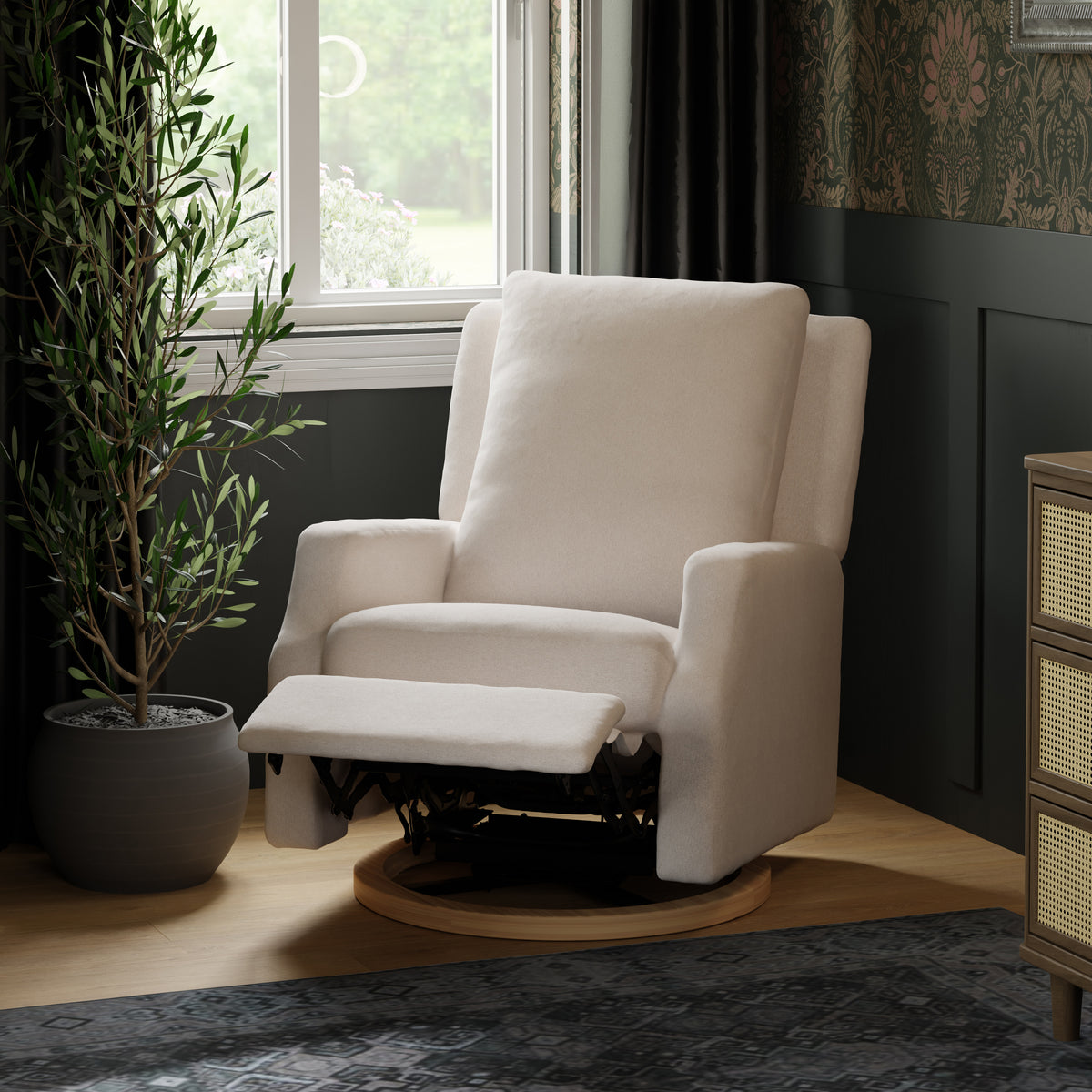 Crewe Electronic Recliner and Swivel Glider in Fog Chatham Stripe Performance Eco-Weave with Light Wood Base