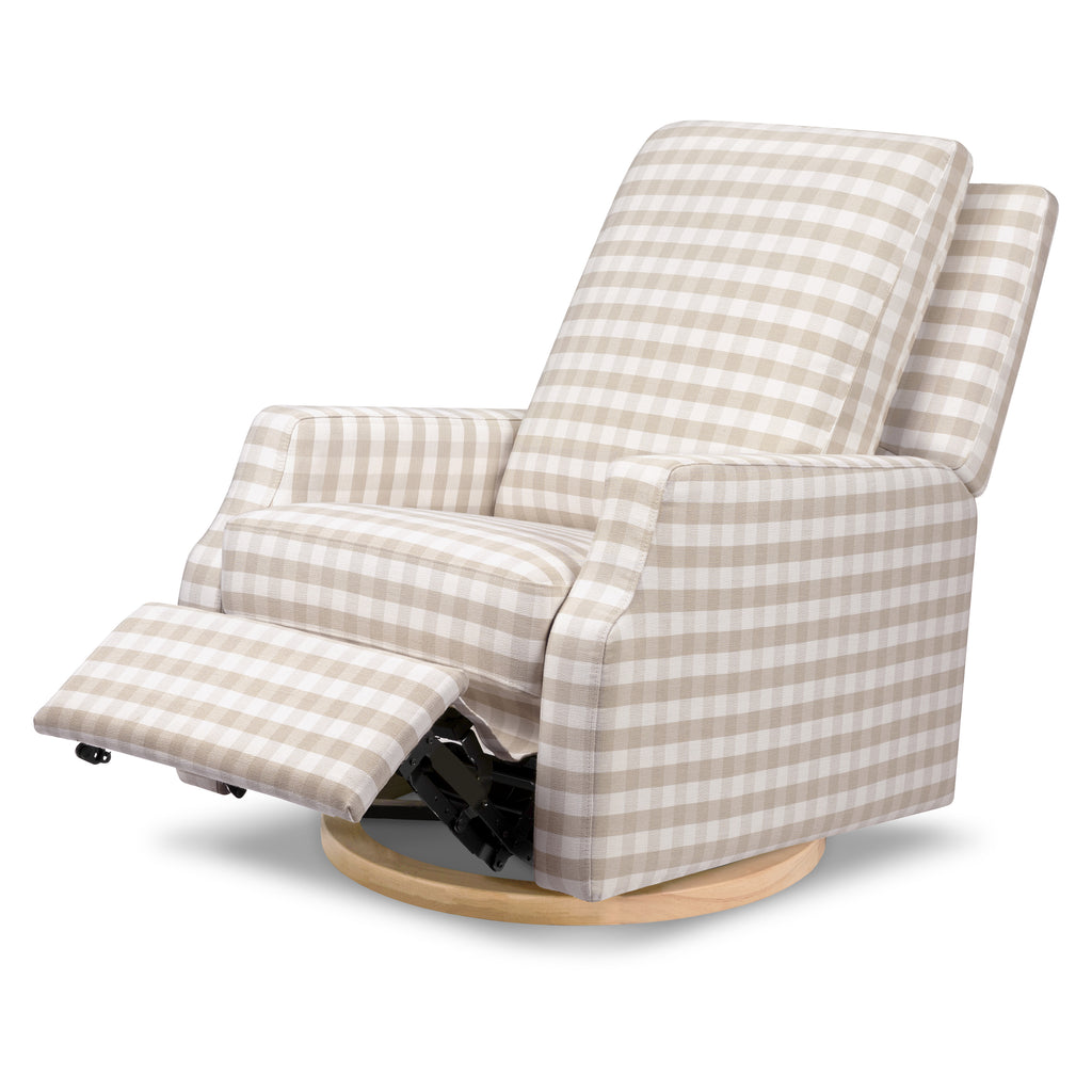 Crewe Electronic Recliner and Swivel Glider in Tan Gingham with Light Wood Base