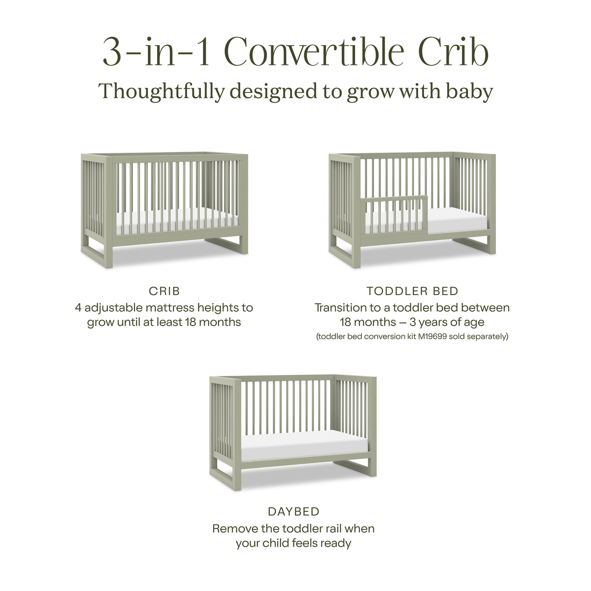 Nantucket 3-in-1 Convertible Crib with Toddler Bed Conversion Kit in French Sage