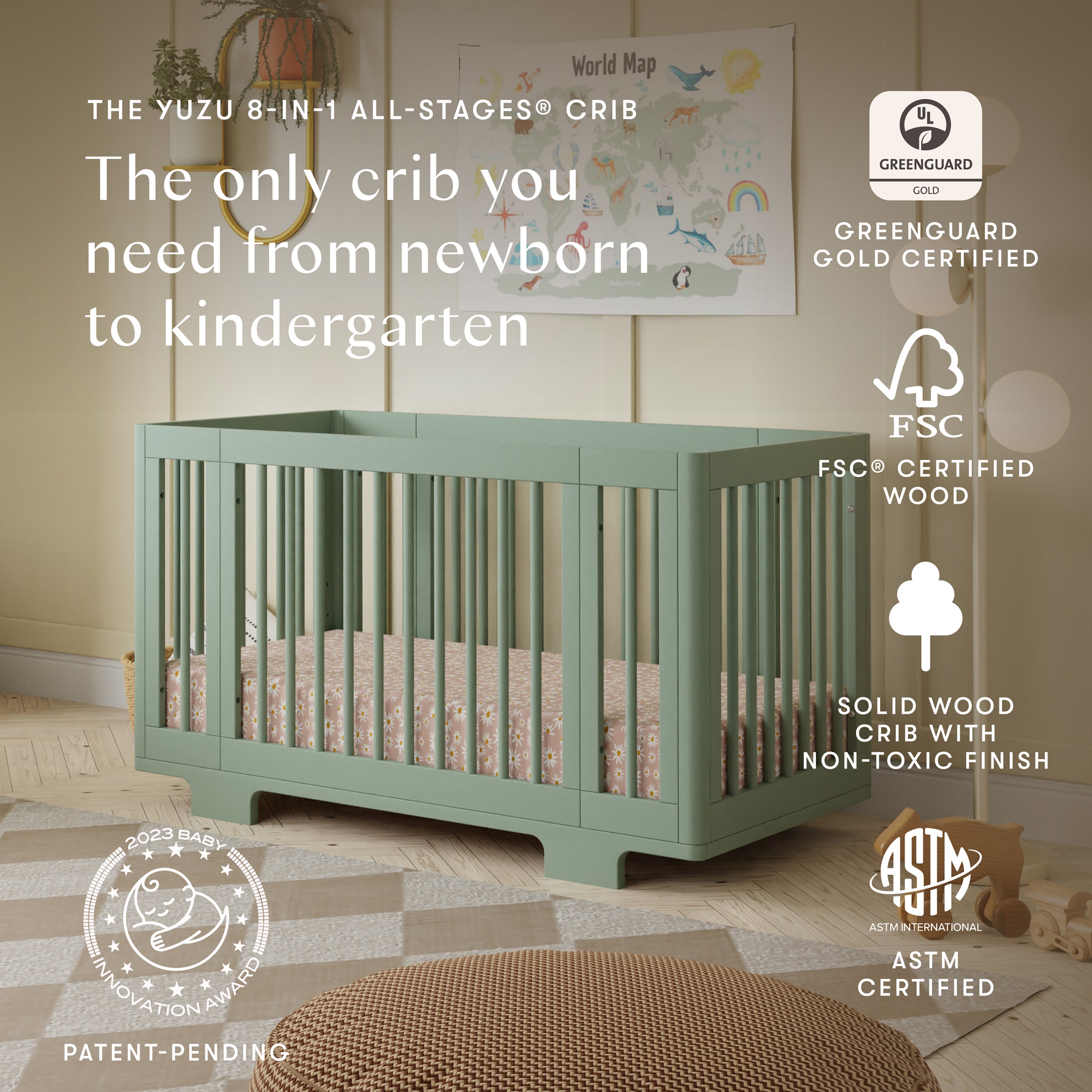 Yuzu 8-in-1 Convertible Crib with All-Stages Conversion Kits in Light Sage