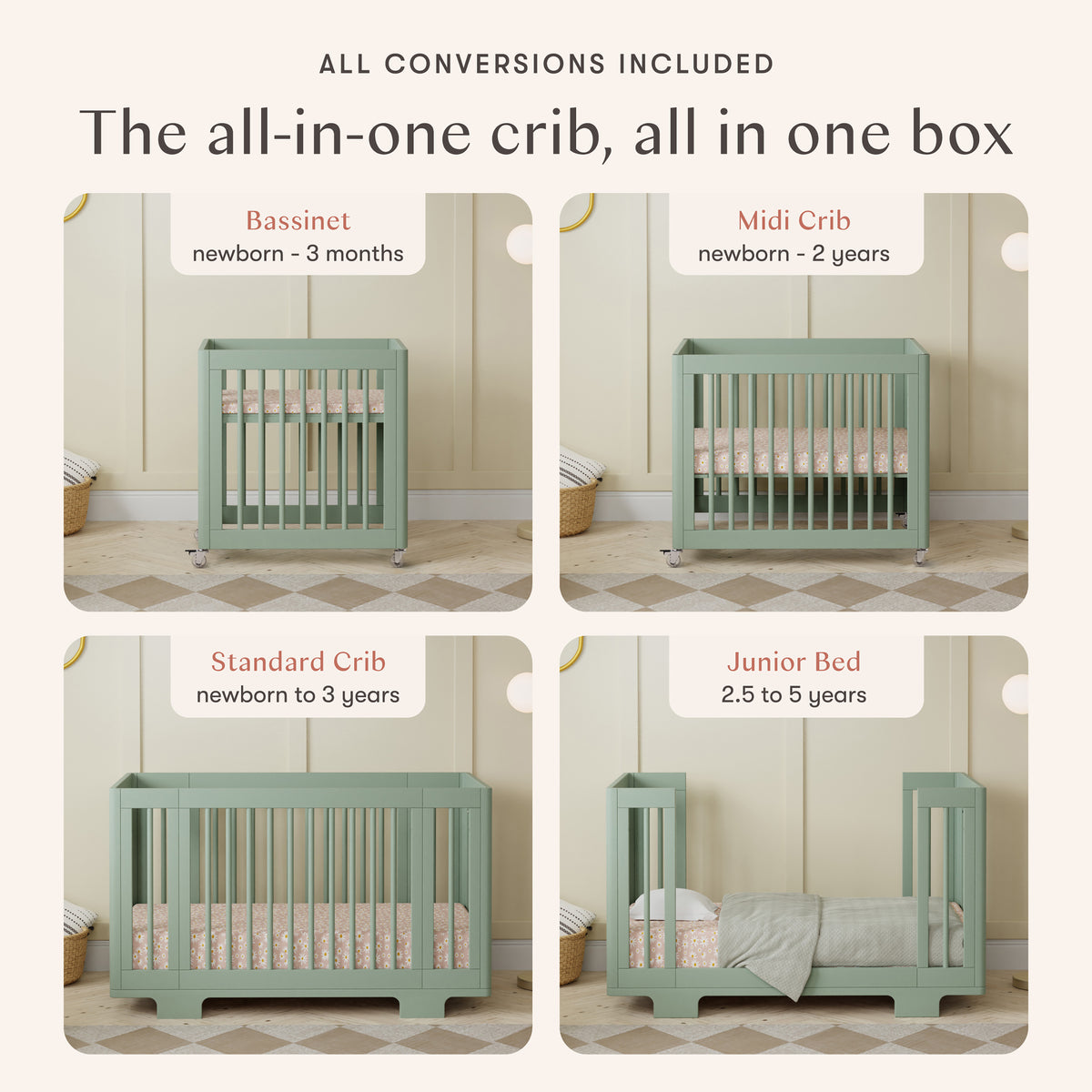 Yuzu 8-in-1 Convertible Crib with All-Stages Conversion Kits in Light Sage