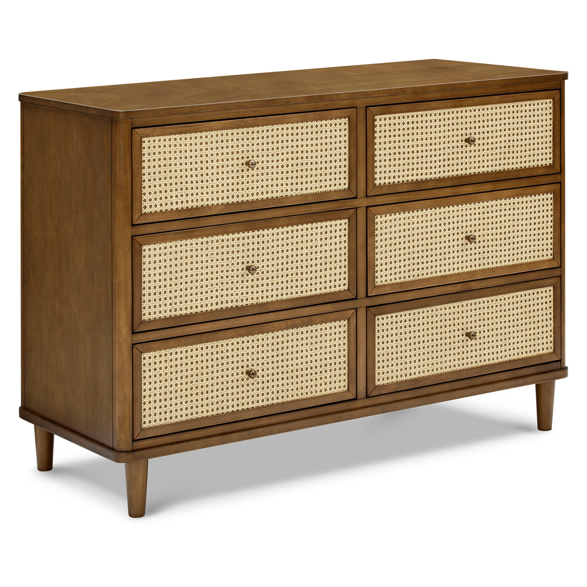 Three-quarter view of Marin with Cane 6-Drawer Assembled Dresser showcasing blonde cane panels and walnut finish on white