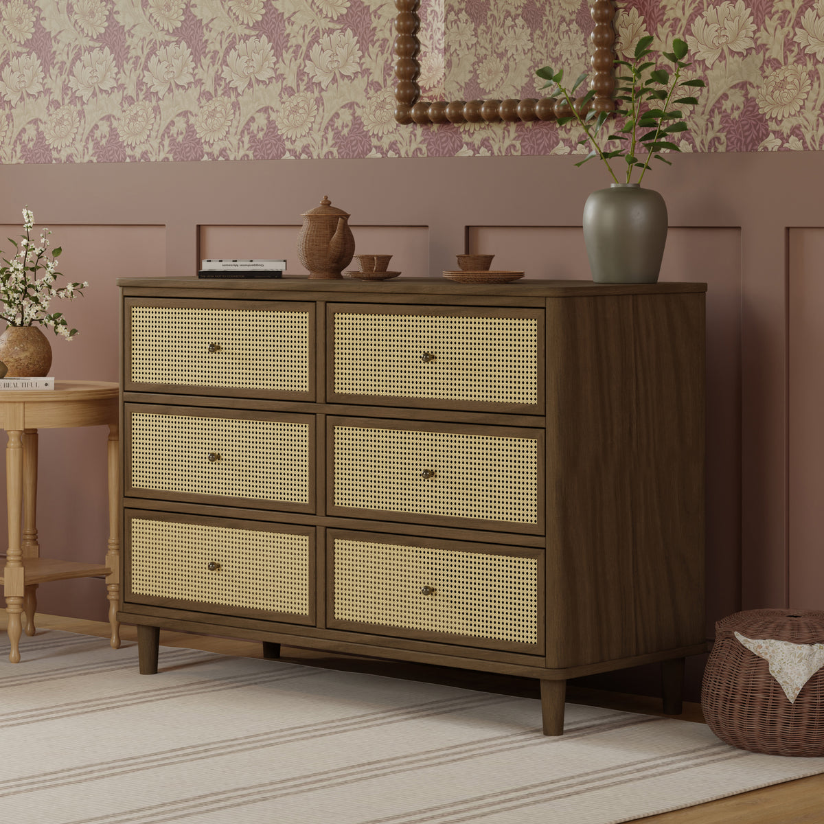 Marin with Cane 6 Drawer Assembled Dresser in Natural Walnut & Blonde Cane