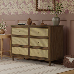 Marin with Cane 6 Drawer Assembled Dresser in Natural Walnut & Blonde Cane