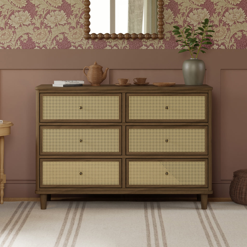 Marin with Cane 6 Drawer Assembled Dresser in Natural Walnut & Blonde Cane