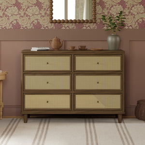 Marin with Cane 6 Drawer Assembled Dresser in Natural Walnut & Blonde Cane