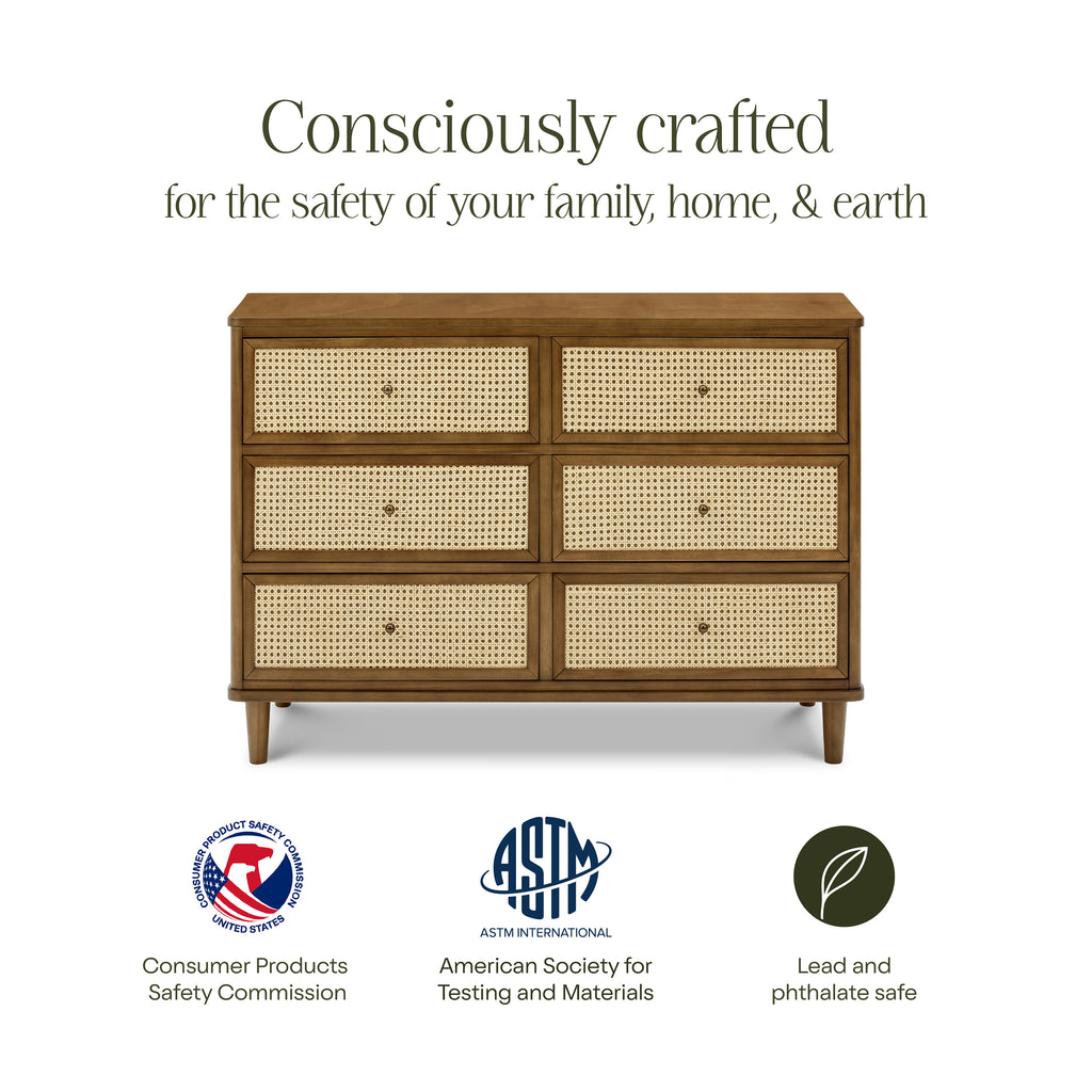 Marin with Cane 6 Drawer Assembled Dresser in Natural Walnut & Blonde Cane