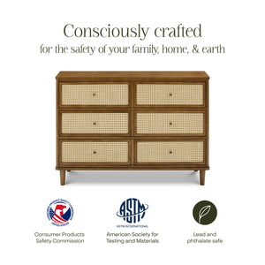 Marin with Cane 6 Drawer Assembled Dresser in Natural Walnut & Blonde Cane