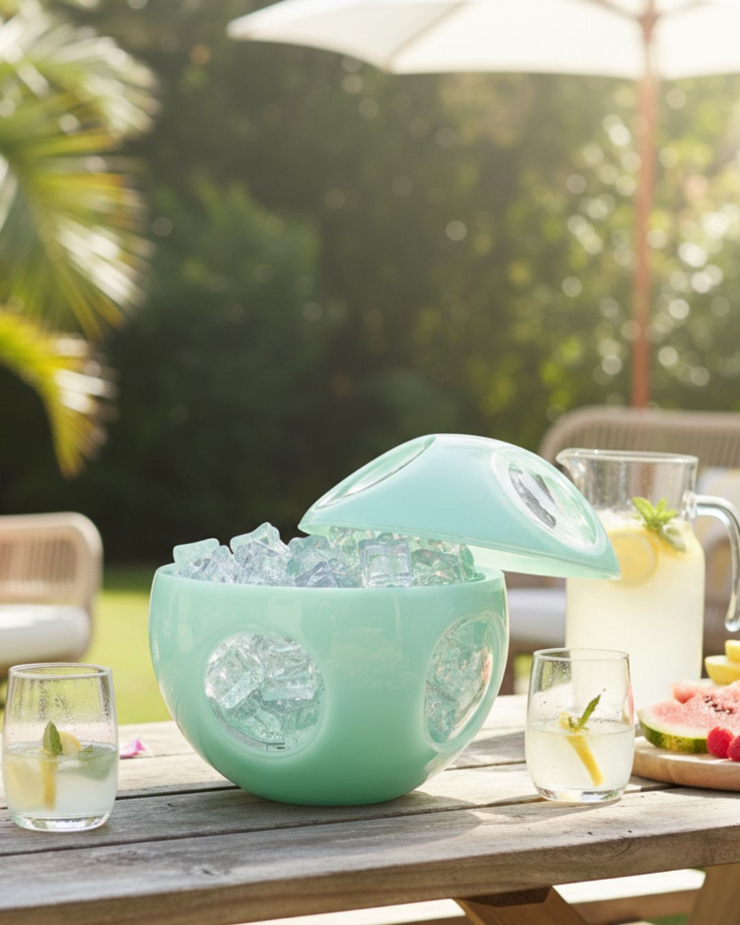 Front view of Sputnik Acrylic Ice Bucket, turquoise, with round windowed sides and open lid filled with ice on outdoor table
