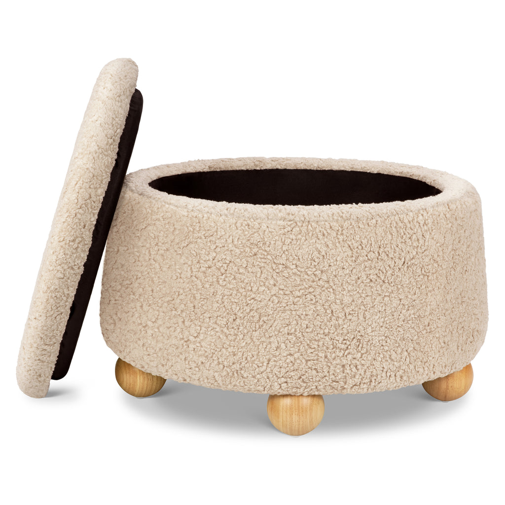 Tuffet Storage Ottoman in Chai Shearling with Honey Ball Feet