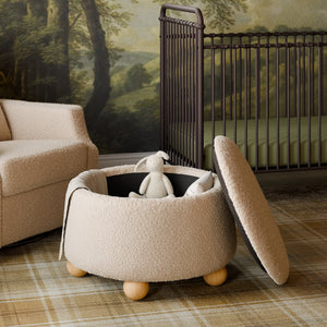 Tuffet Storage Ottoman in Chai Shearling with Honey Ball Feet