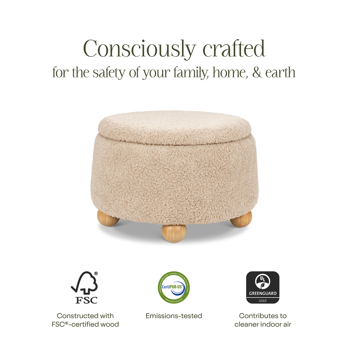 Tuffet Storage Ottoman in Chai Shearling with Honey Ball Feet