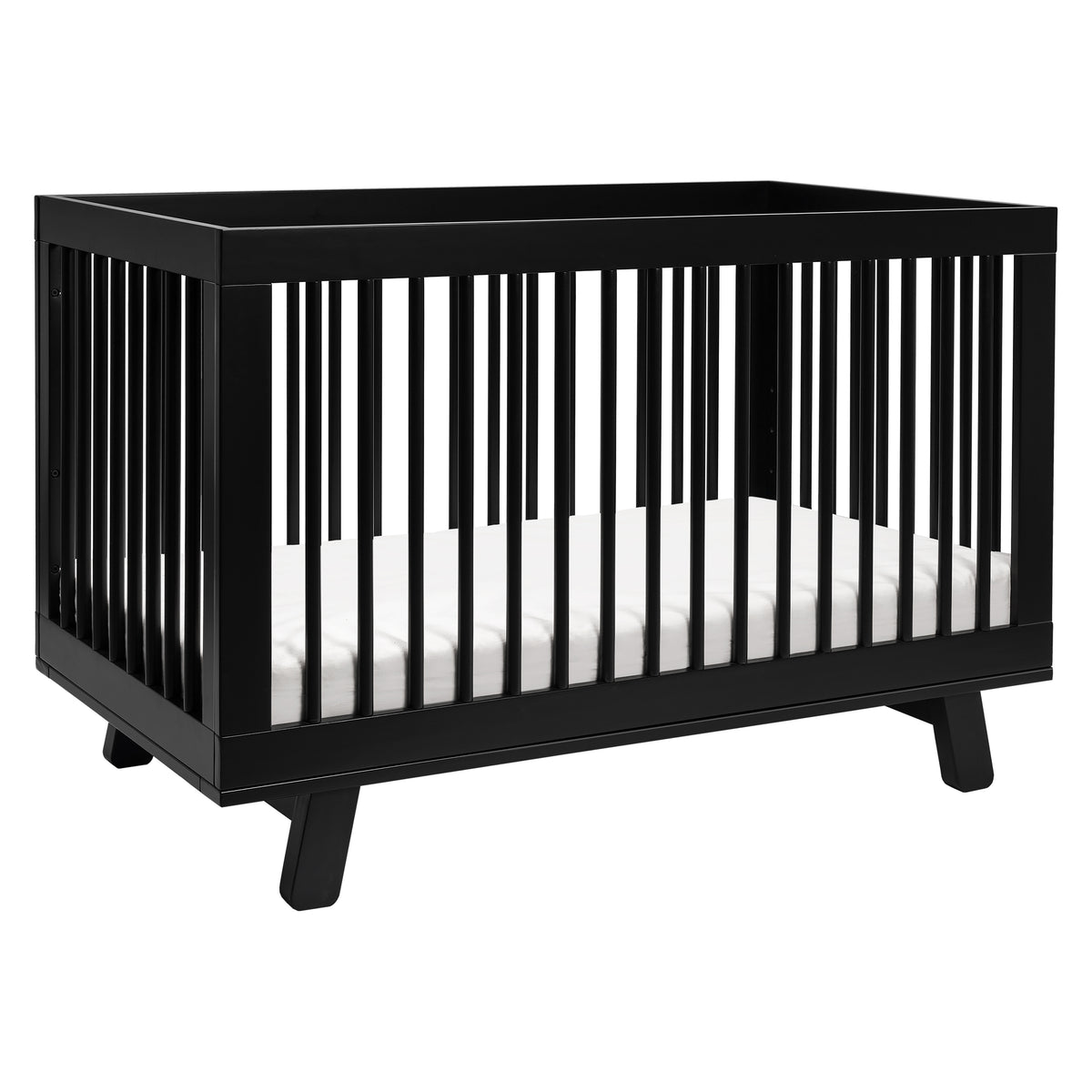 Angled view of black Hudson convertible crib showcasing rounded spindles and flared feet on a white background
