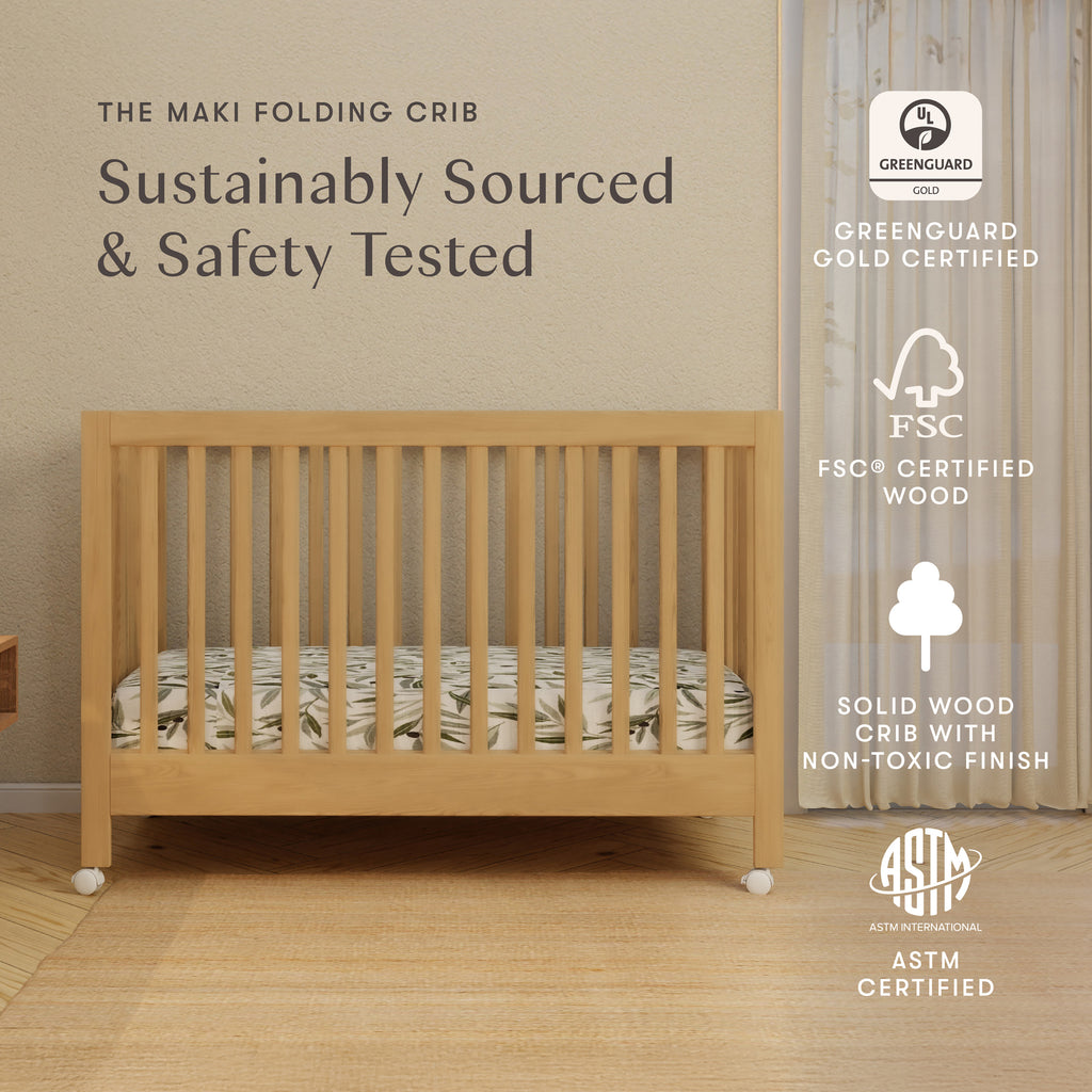 Maki Portable Folding Crib with Toddler Bed Conversion Kit in Honey