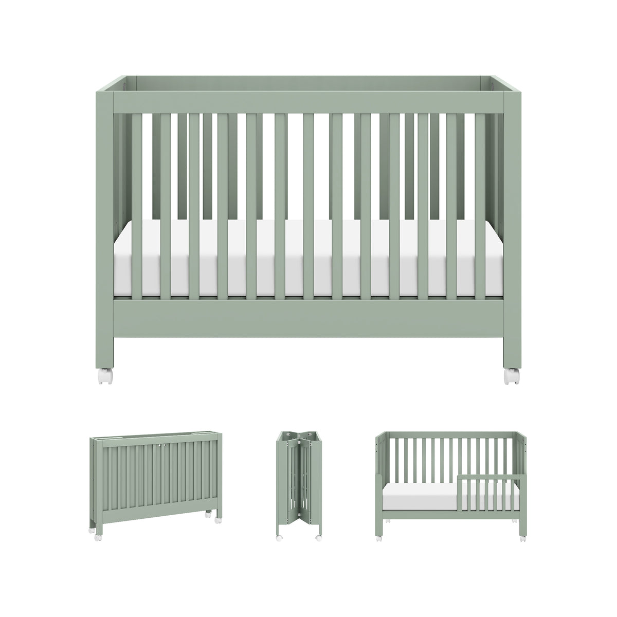 Maki Portable Folding Crib with Toddler Bed Conversion Kit in Light Sage