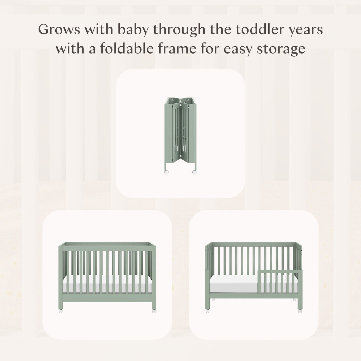 Maki Portable Folding Crib with Toddler Bed Conversion Kit in Light Sage