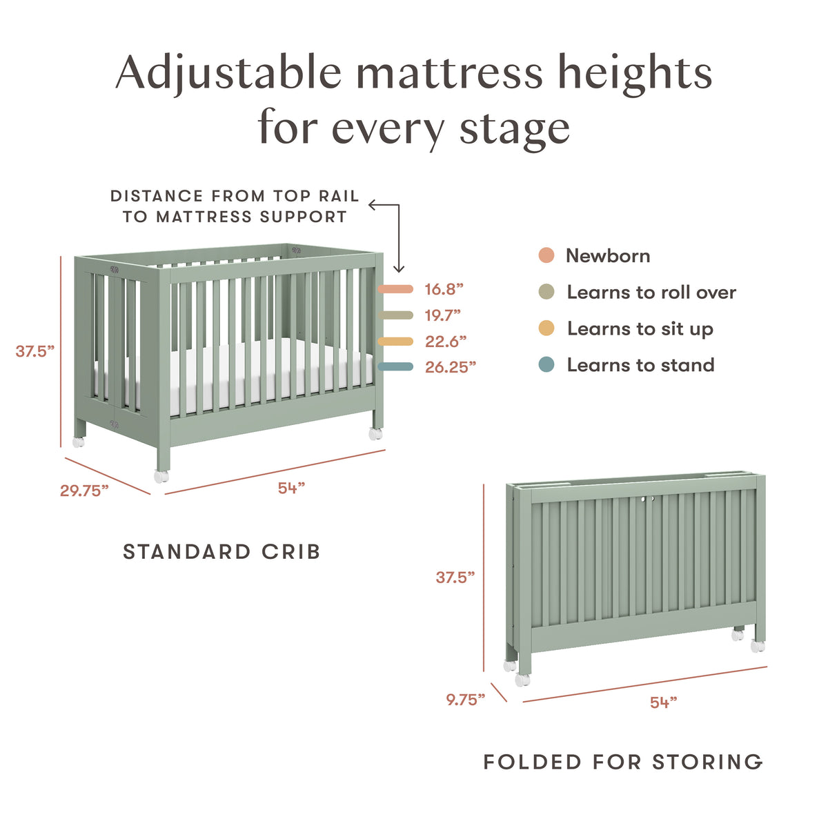 Maki Portable Folding Crib with Toddler Bed Conversion Kit in Light Sage