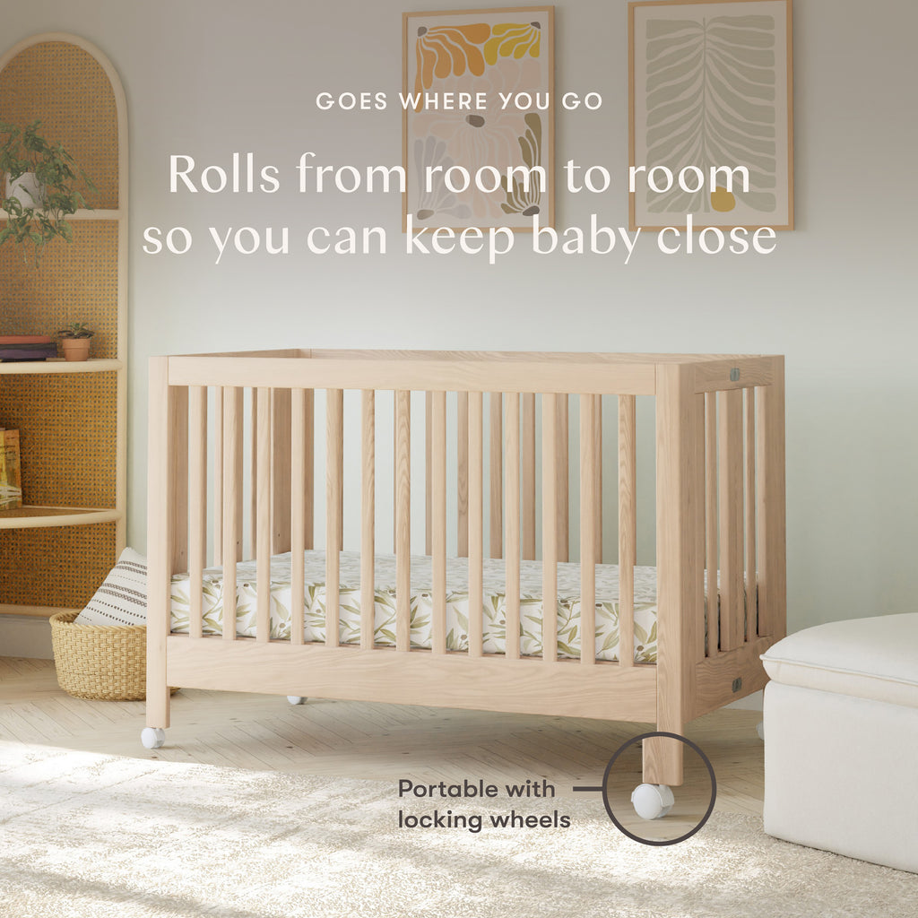 Maki Portable Folding Crib with Toddler Bed Conversion Kit in Washed Natural