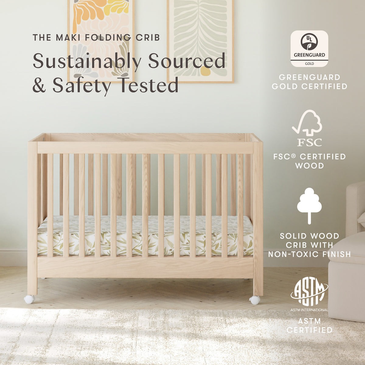 Maki Portable Folding Crib with Toddler Bed Conversion Kit in Washed Natural