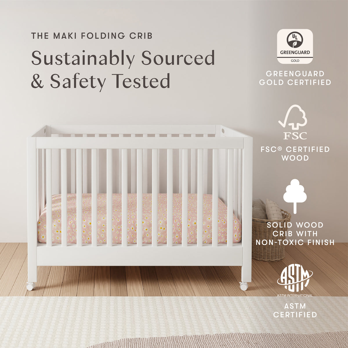 Maki Portable Folding Crib with Toddler Bed Conversion Kit in White