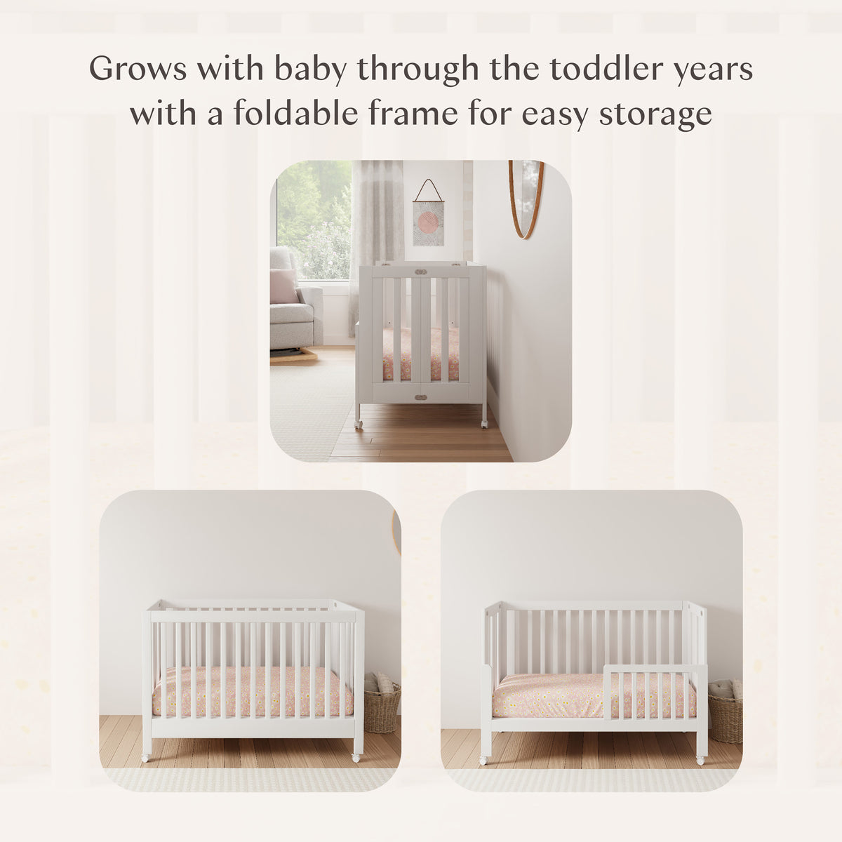Maki Portable Folding Crib with Toddler Bed Conversion Kit in White