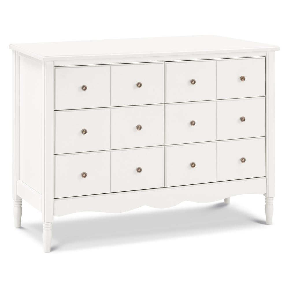 Front view of Liberty 6-drawer dresser in warm white showcasing apothecary-style drawer fronts, metal knobs, and scalloped apron
