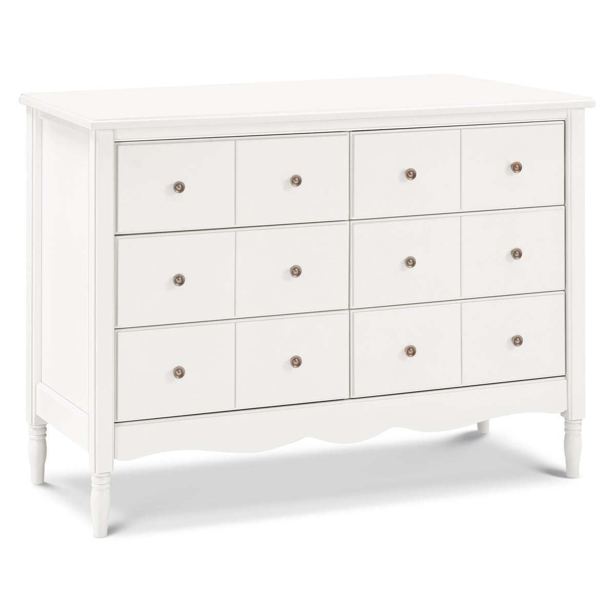 Front view of Liberty 6-drawer dresser in warm white showcasing apothecary-style drawer fronts, metal knobs, and scalloped apron