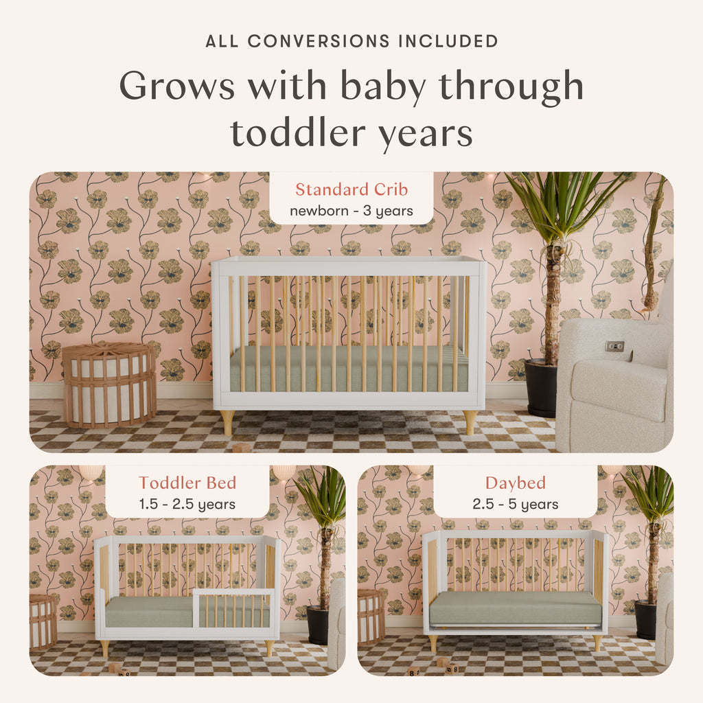 Lolly 3-in-1 Convertible Crib with Toddler Bed Conversion Kit in White & Natural