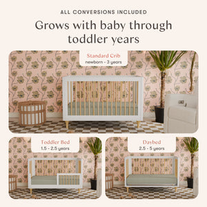 Lolly 3-in-1 Convertible Crib with Toddler Bed Conversion Kit in White & Natural