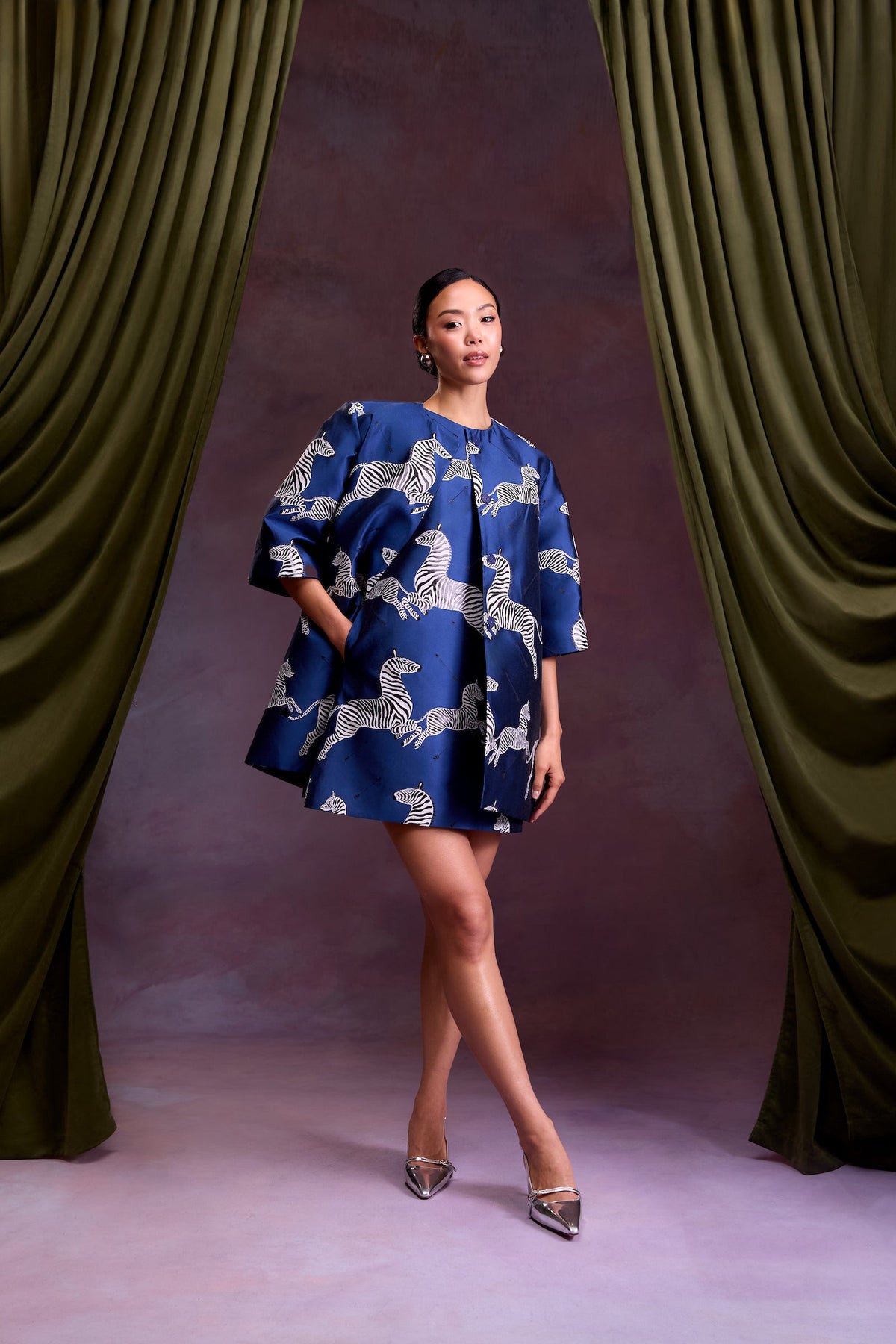 MAE New York x Scalamandre Audrey Coat in Sapphire Jumping Zebras