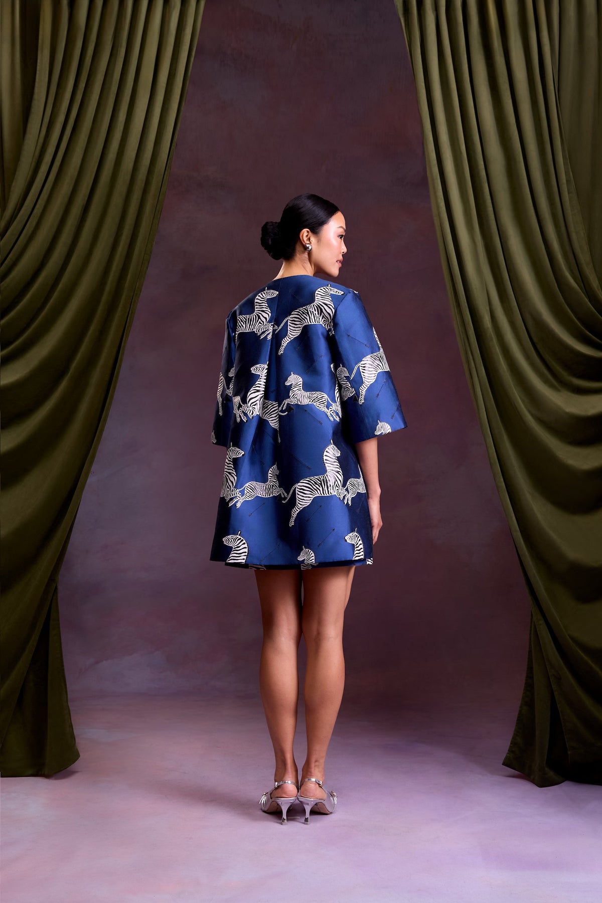 MAE New York x Scalamandre Audrey Coat in Sapphire Jumping Zebras