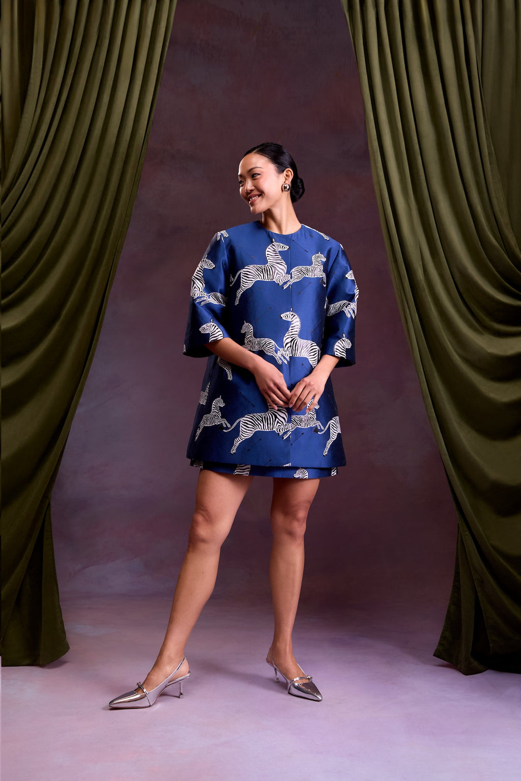 MAE New York x Scalamandre Audrey Coat in Sapphire Jumping Zebras