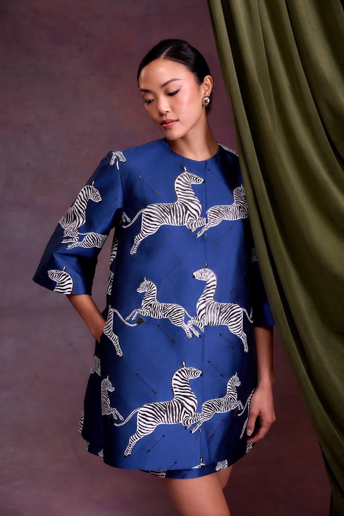 MAE New York x Scalamandre Audrey Coat in Sapphire Jumping Zebras