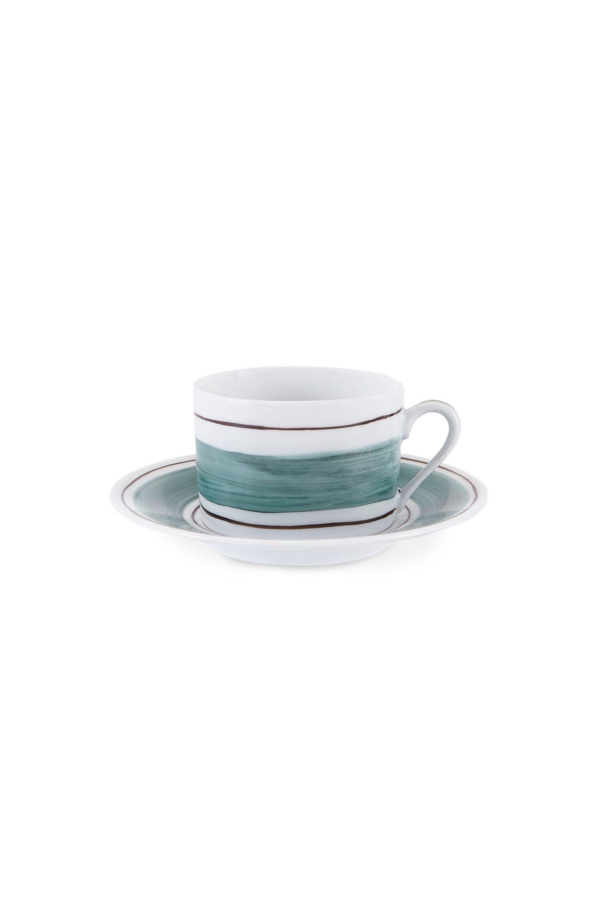 Front view of Tangerine teacup and saucer with hand-painted wide green brushstroke and thin brown rims on white background