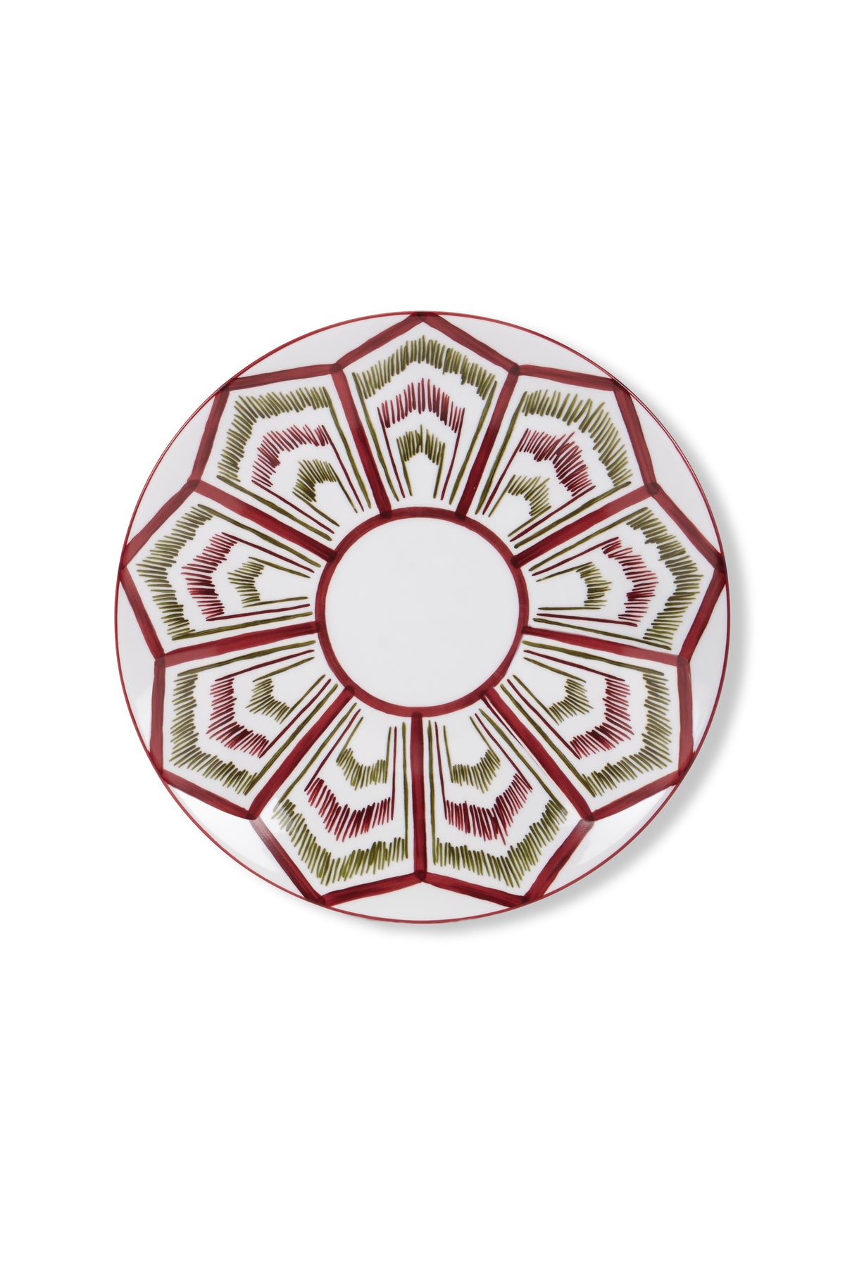 Top view of Mallorca II dinner plate showcasing burgundy and olive-green ikat-style geometric pattern on white porcelain