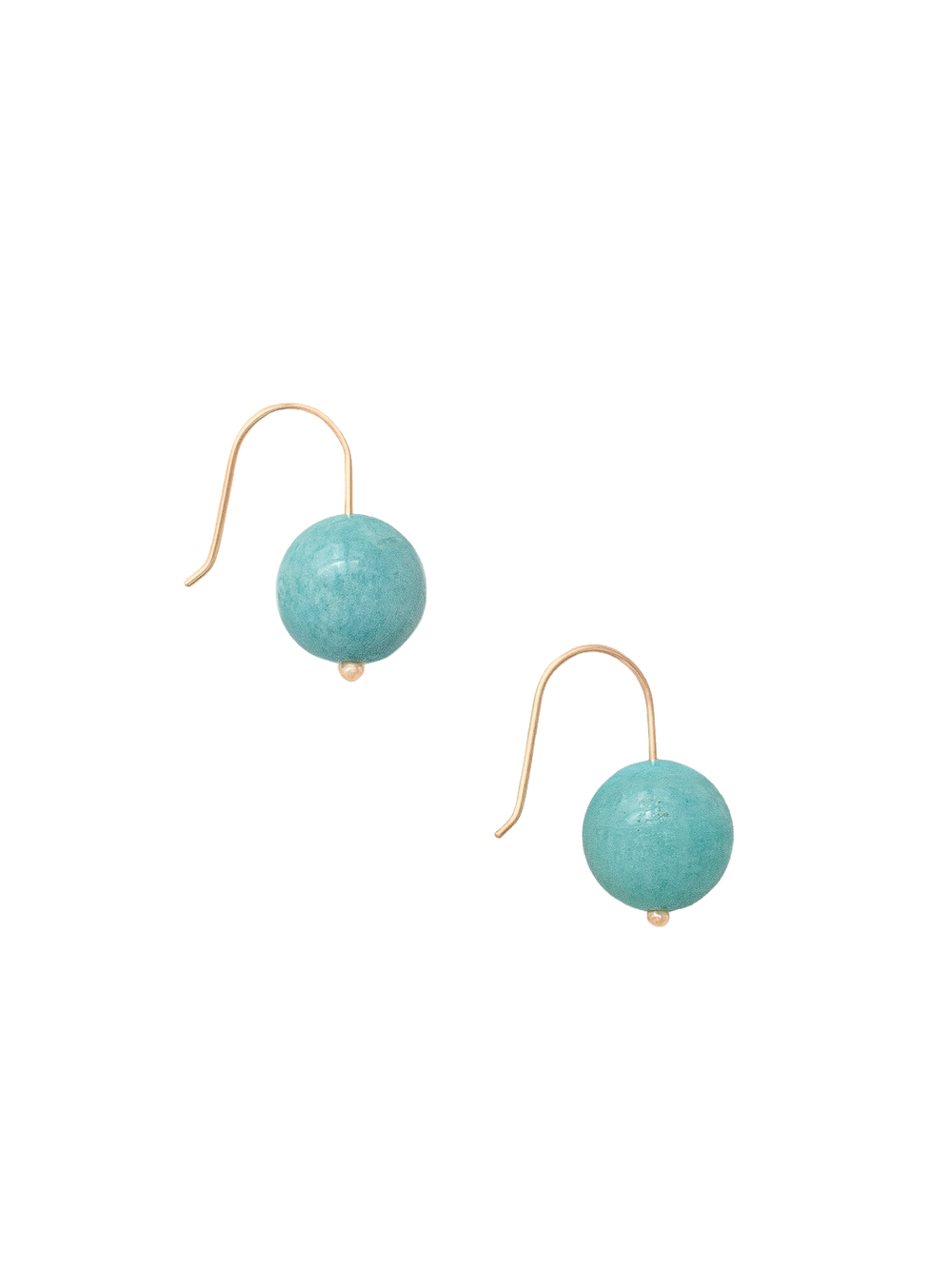 Front view of Margot earrings showcasing round blue-green amazonite beads on gold-filled French hooks on white background