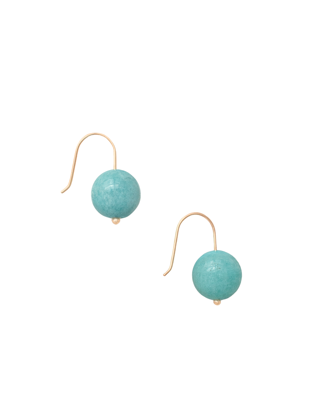 Front view of Margot earrings showcasing round blue-green amazonite beads on gold-filled French hooks on white background