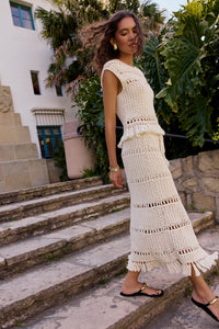 Boho style off white skirt with horizontal openwork stripes and a drawstring waist