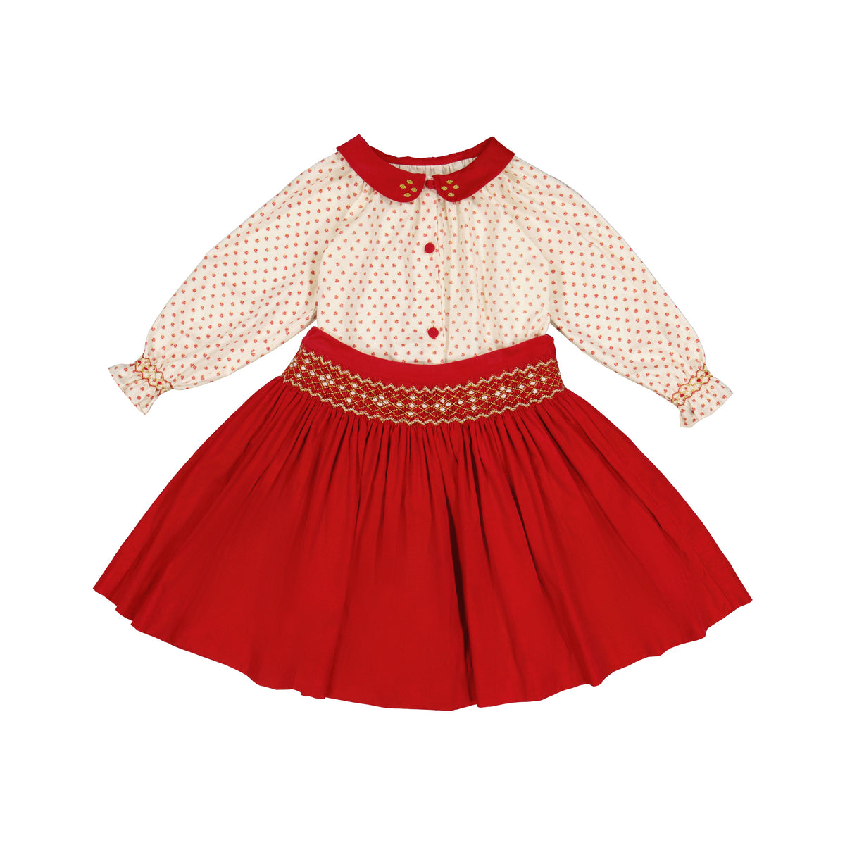 Marie Red Smocked Skirt & Blouse