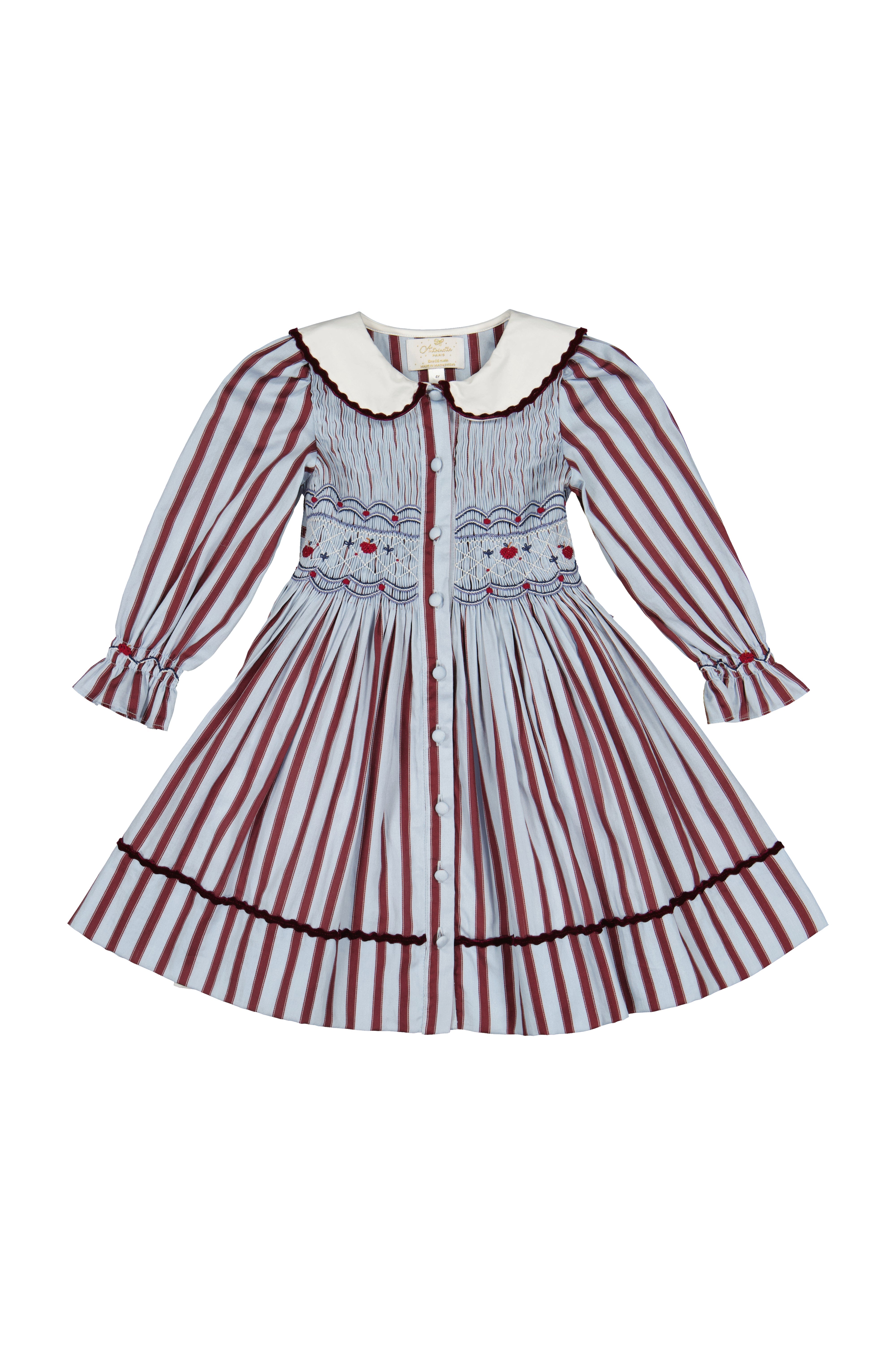 Marine Stripe Blue Burgundy Smocked Dress