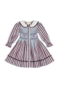 Marine Stripe Blue Burgundy Smocked Dress