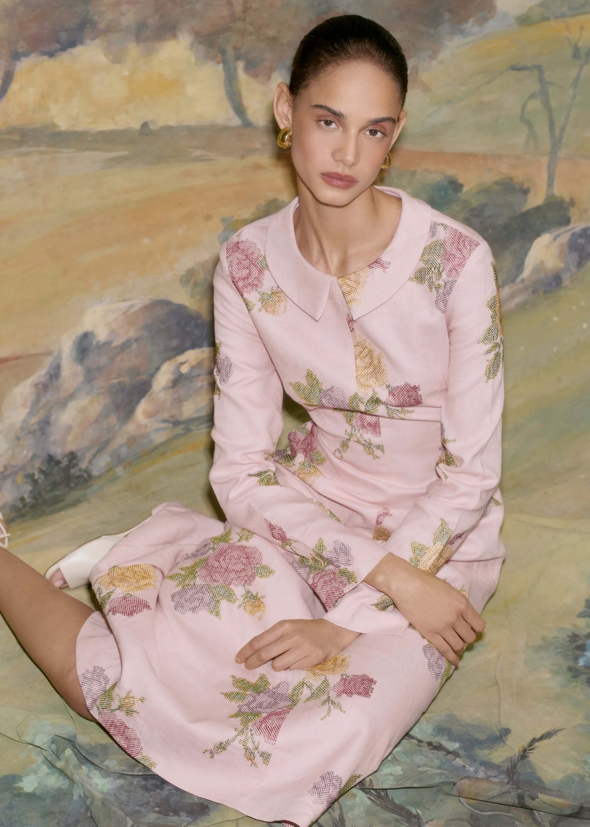 Gretel Cross Stitch Linen Midi Dress