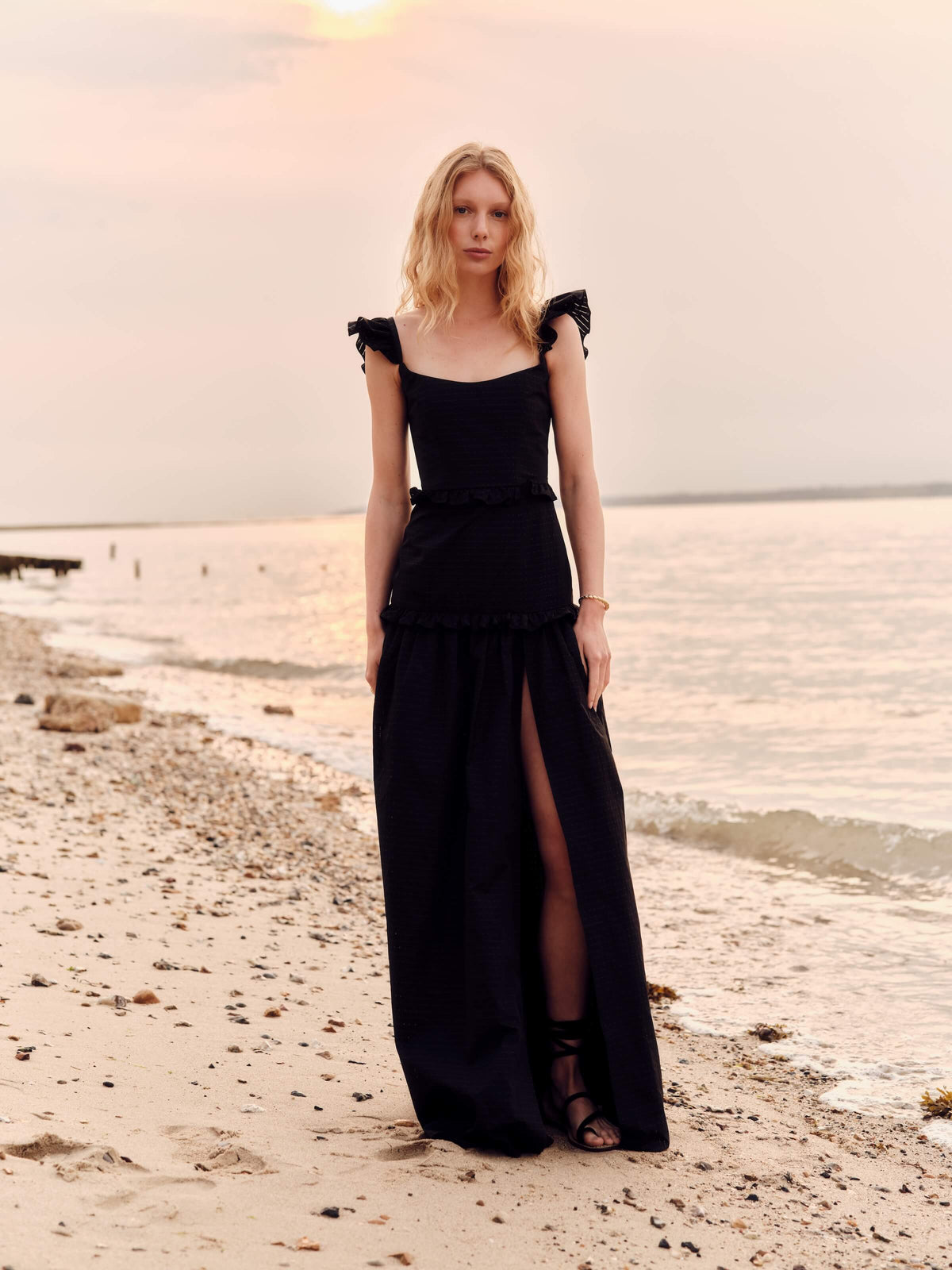 Alanna Black Gingham Taffeta Ruffle Tiered Gown