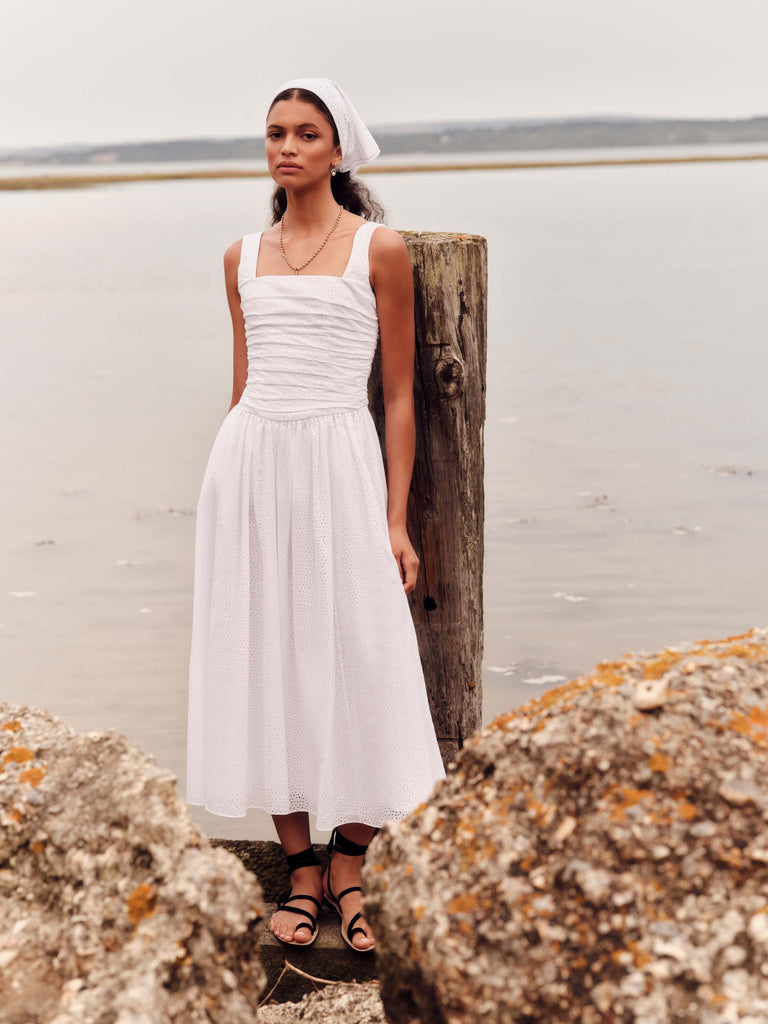 Maeve Cotton Eyelet Square Neck Midi Dress
